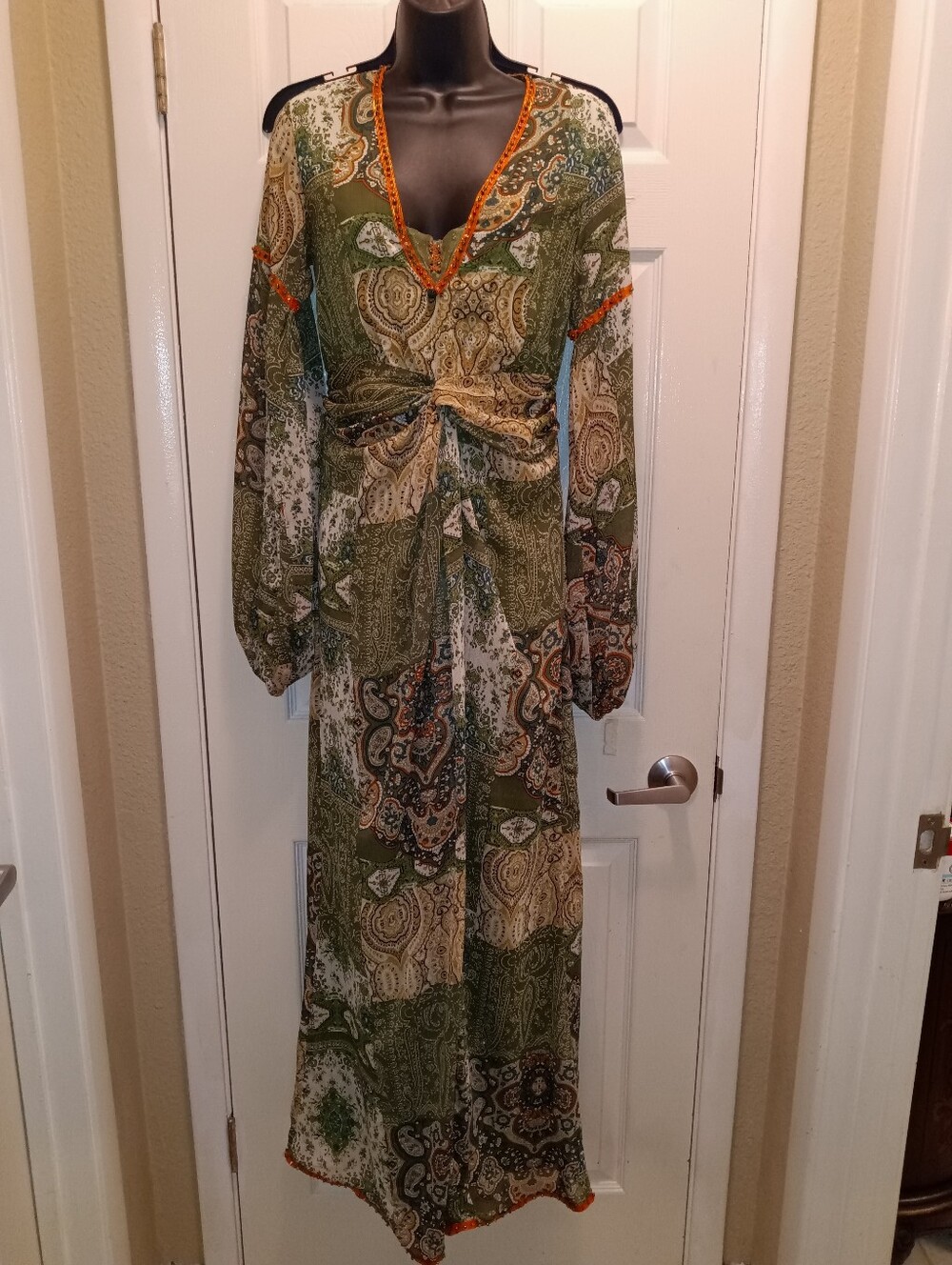 OOAK Nasty Gal Green Paisley Boho Maxi Dress with Gathered Waist Incredible!